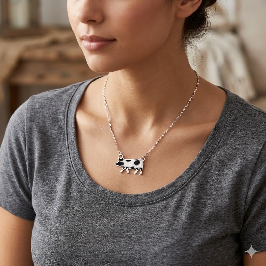 SUPAC Western Farm Animal Pendant Necklace, Cow, Horse, Goat, and Pig Hide - Silver Chain, 15.35 inch + 1.97 inch Extension