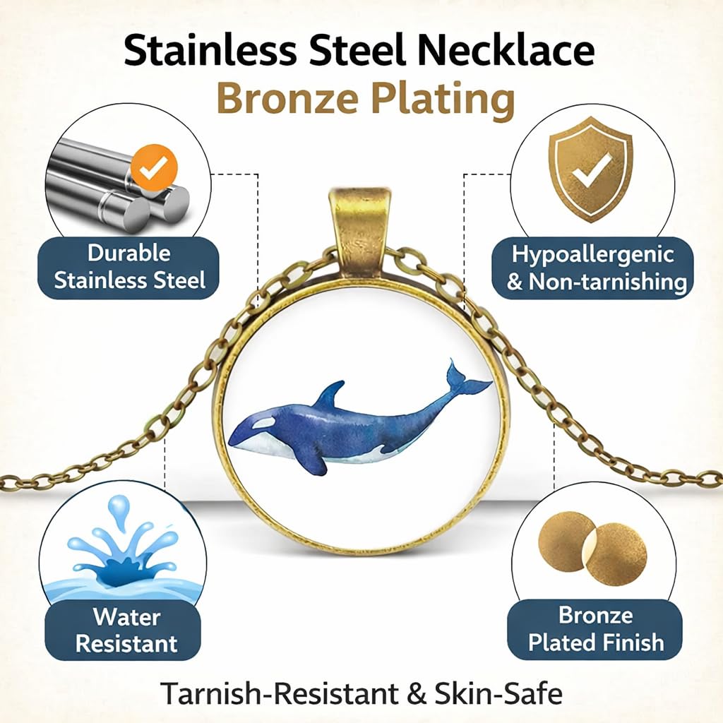 SUPAC Orca Whale Pendant Necklace, Bronze Plated Stainless Steel, Round Glass Cabochon, Hypoallergenic, Shamu Gift - Water Resistant, 19.7 Inch Chain