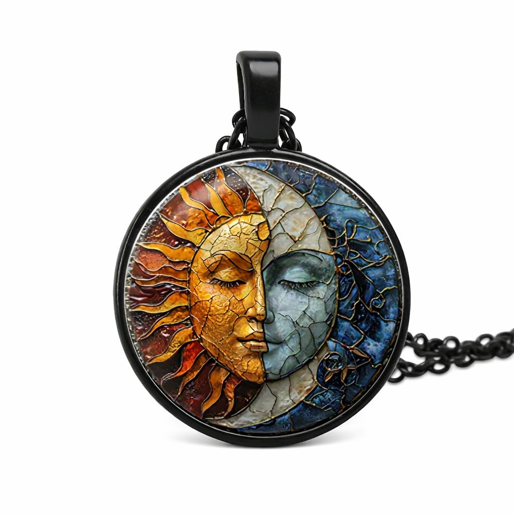 1pc Stunning Round Pendant Necklace - Unique Sun & Moon Pattern, Oil Painting Style Glass Mosaic, Alloy Construction, Trendy Sweater Chain, Fashionable Gift for Women - Christmas or Birthday Gift