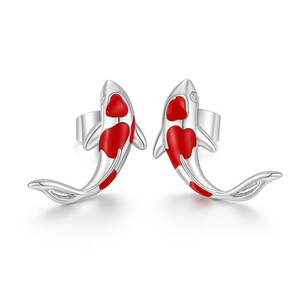 Stainless Steel Koi Fish Ring and Earrings Set with Red Enamel, Japanese Style - Koi Fish Jewelry Gift