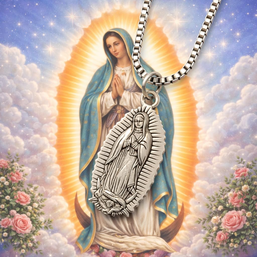 SUPAC Silver Virgin Mary Our Lady of Guadalupe Pendant Necklace, Perfectly Suited for Men and Women, Infusing Style with Spiritual Splendor - Stainless Steel Chain - Christmas or Birthday Gift