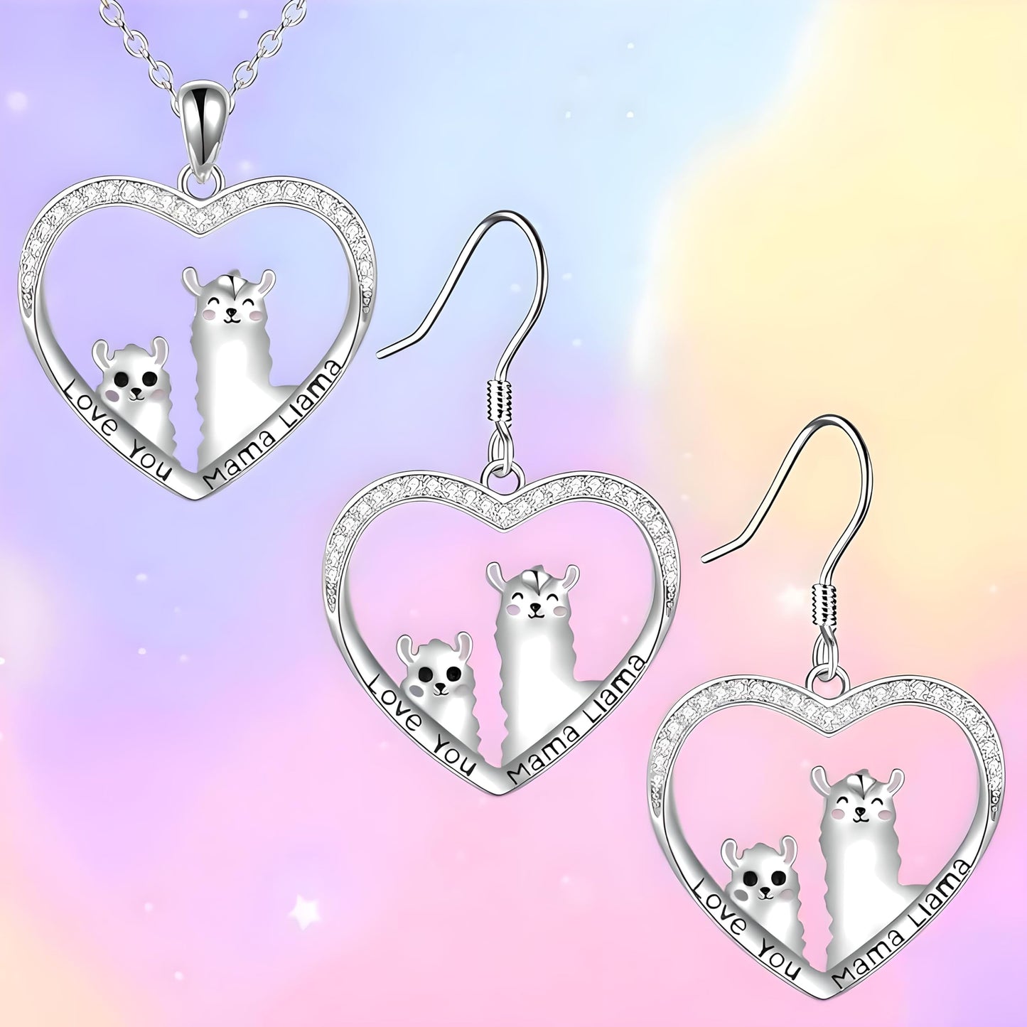 Heart-Shaped Llama Jewelry Set, Sterling Silver Necklace and Earrings, Crystal Rhinestone - Llama Gift
