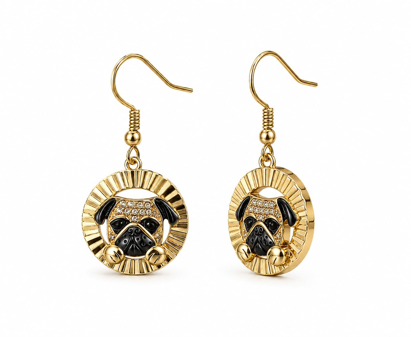 Pug Dangle Earrings, Gold-Tone Round Drop Earrings with Crystal Accents, Dog Lover Jewelry - Stainless Steel with Cubic Zirconia