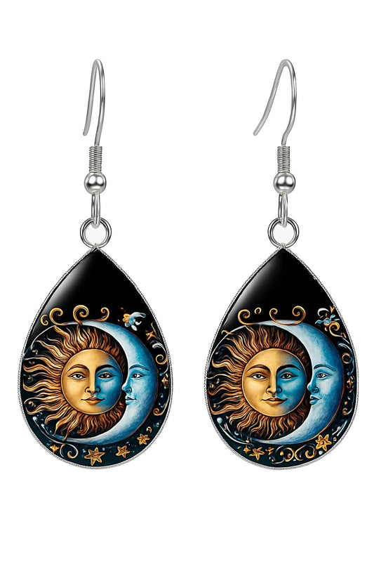 Celestial Sun and Moon Dangle Earrings, Mystical Design, Silver Hook, Teardrop and Rectangle Shapes, Decorative Jewelry Set - Oil Painting Style Glass Mosaic