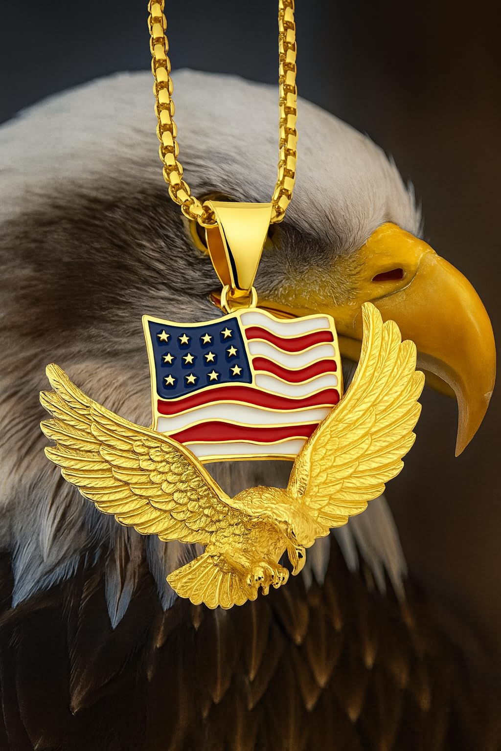 SUPAC Mens Majestic Silver Eagle with American Flag Pendant Necklace - A Bold Hip Hop Jewelry Statement, Symbol of Freedom and Unmatched Style