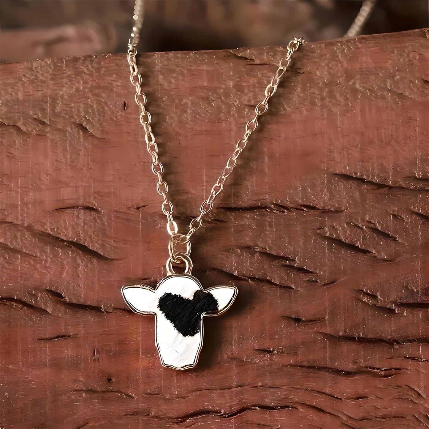 SUPAC Cow Print Pendant Necklace, Gold Chain, Black and White Enamel, Western Style - Cowhide Hair