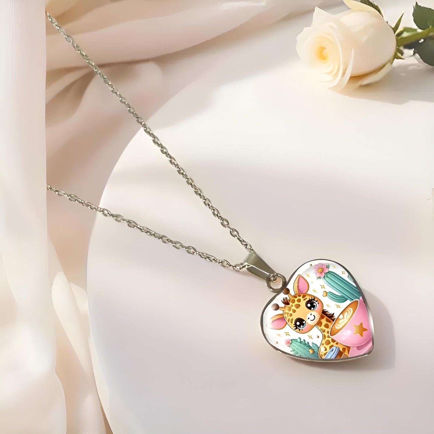 SUPAC Cute Exquisite Giraffe Animal Detail Heart Pendant Necklace, Stainless Steel Chain- Christmas, Birthday, or Party Gift For Women