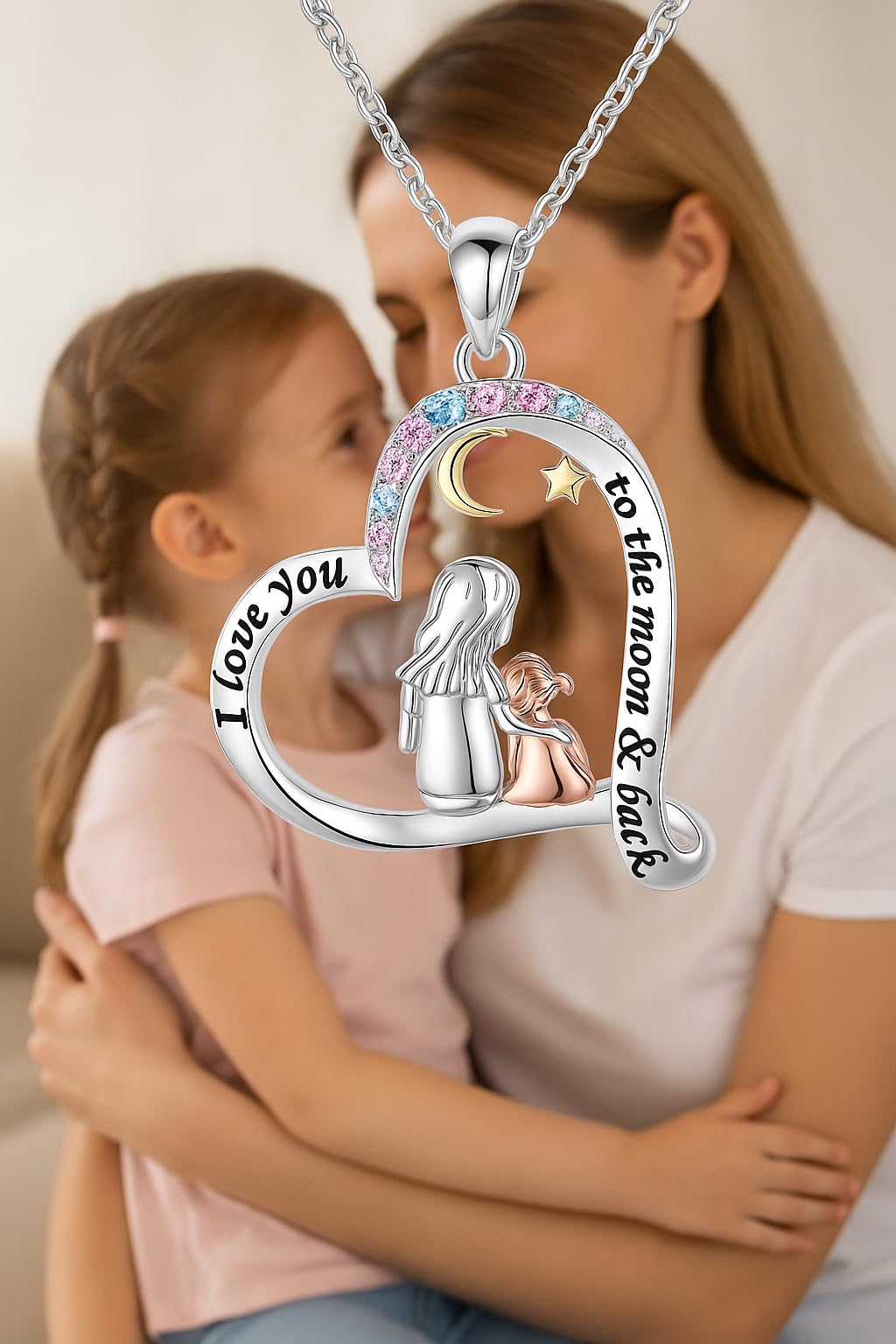 Heart-Shaped Mother's Day Necklace, Family + Mother Necklace Options with Crystal Accents, Mother and Daughter Pendant Gift, Silver and Gold-Tone, 'I Love You Always & Forever' Message (Colorful)