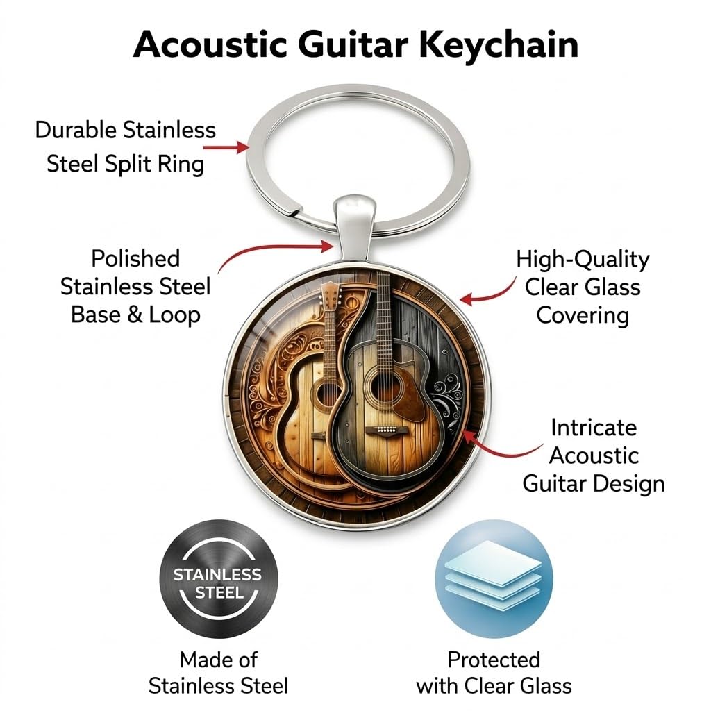 SUPAC Decorative Acoustic Guitar Keychain, 2D Flat Design, 1.18 inch Ring