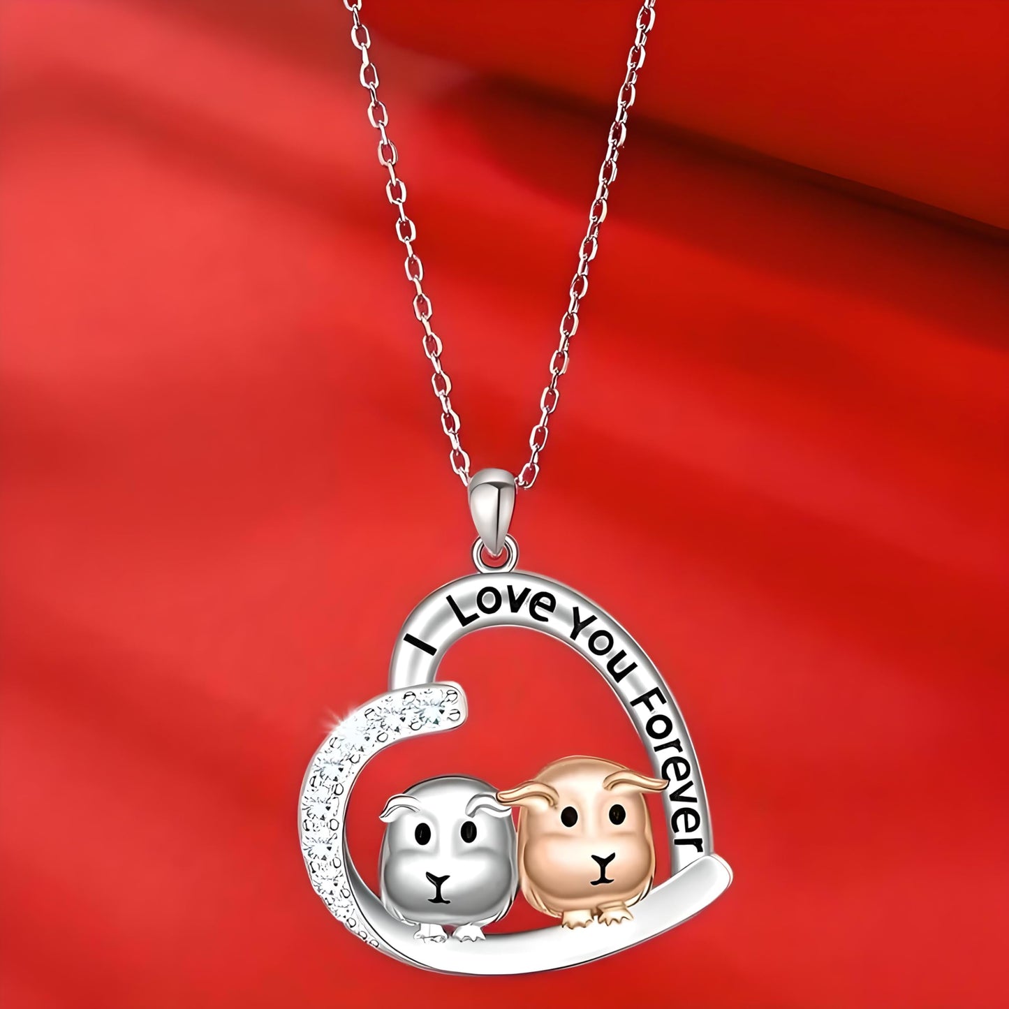 Love You Forever Guinea Pig Heart Necklace, Sterling Silver with Crystals - Christmas, Party, and Birthday Gift
