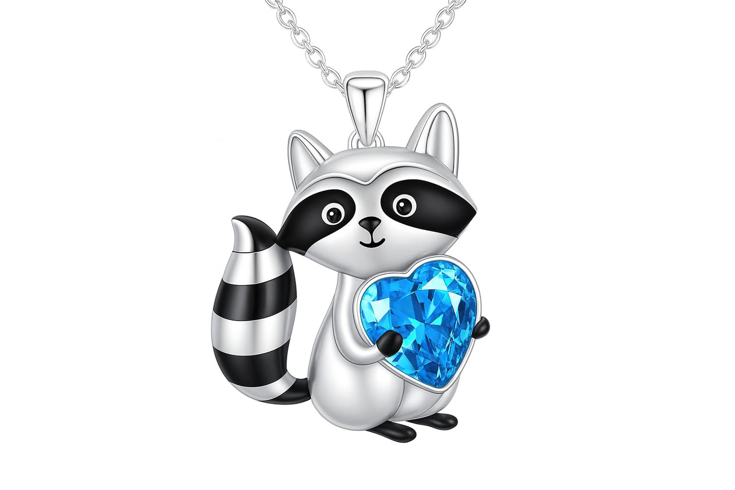 SUPAC Smiling Raccoon Necklace, Holding a Blue Heart, Silver and Black - Racoon Jewerly Gift