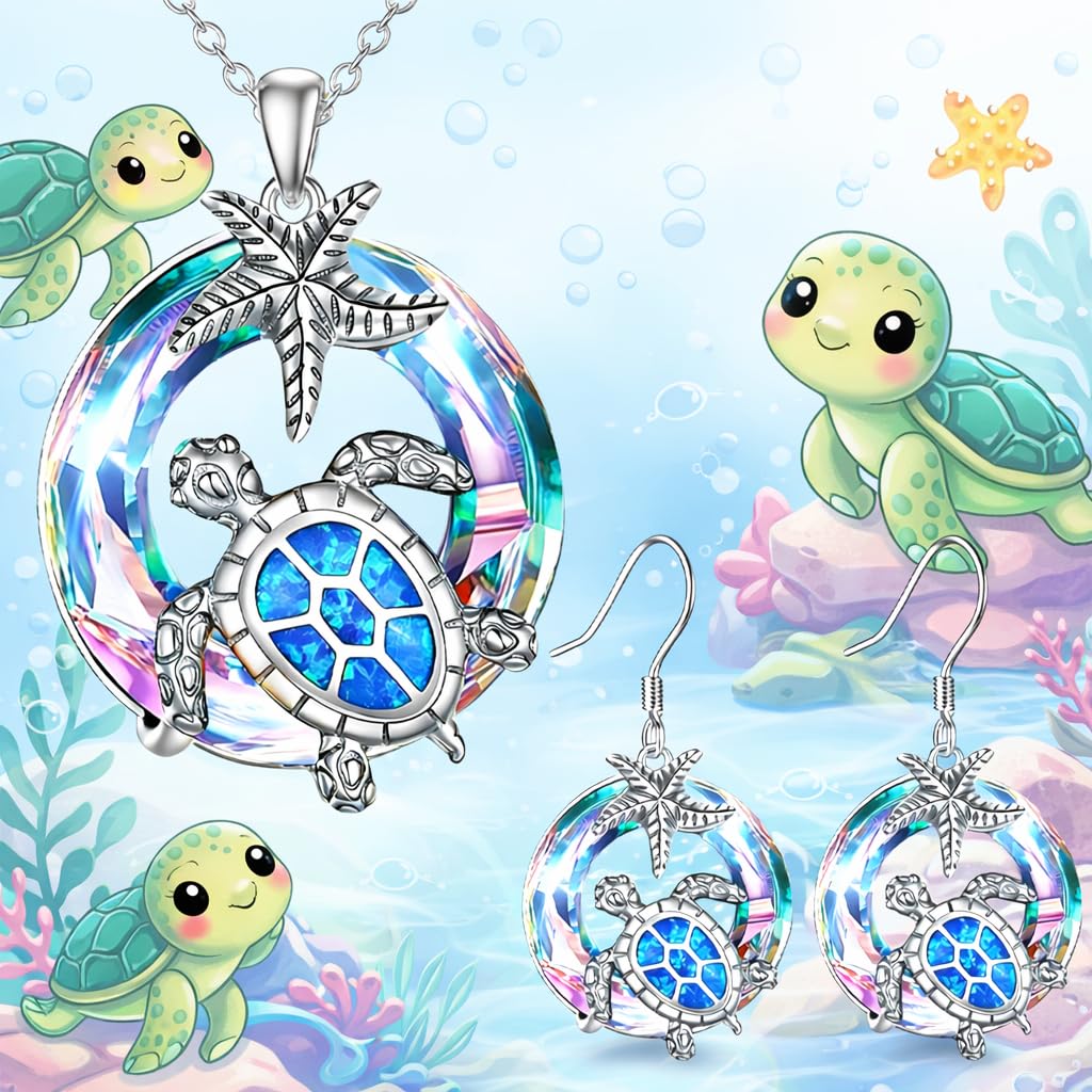 Sea Turtle Jewelry Set with Opal-Effect Blue Crystal, 3 Piece Starfish Pendant Necklace, Earrings Set, Stainless Steel Set