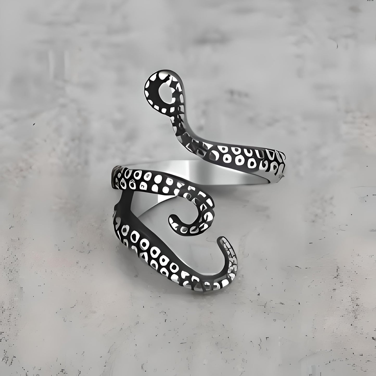Octopus Tentacle Ring, Vintage Style, Adjustable, Silver and Black