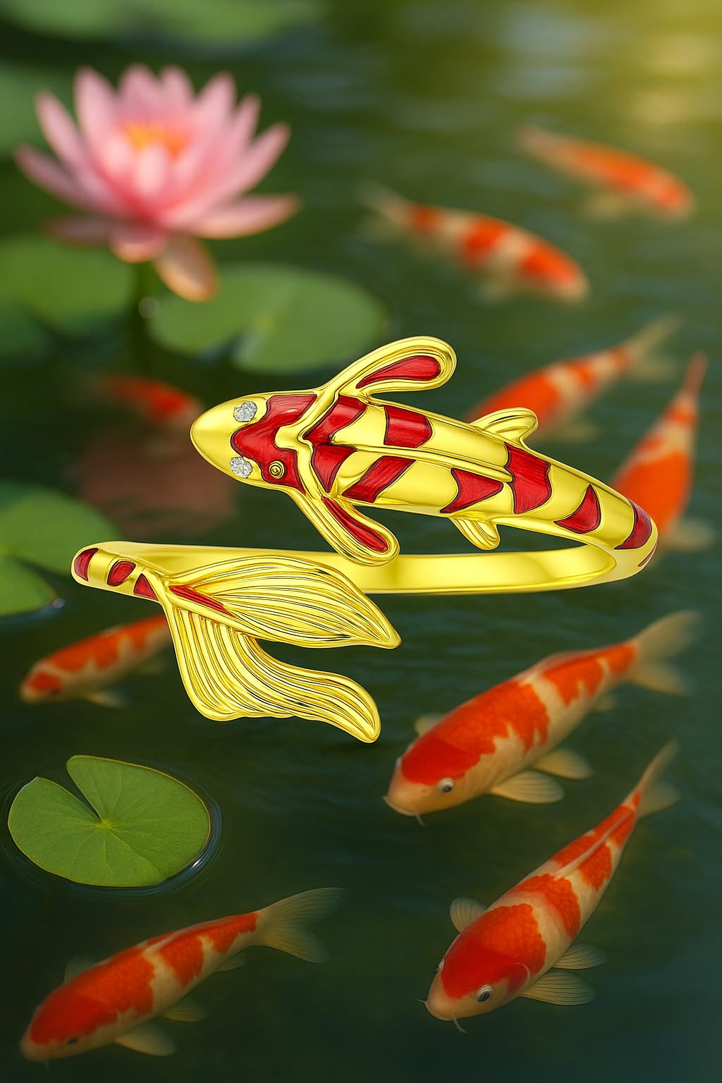 Stainless Steel Koi Fish Ring and Earrings Set with Red Enamel, Japanese Style - Koi Fish Jewelry Gift