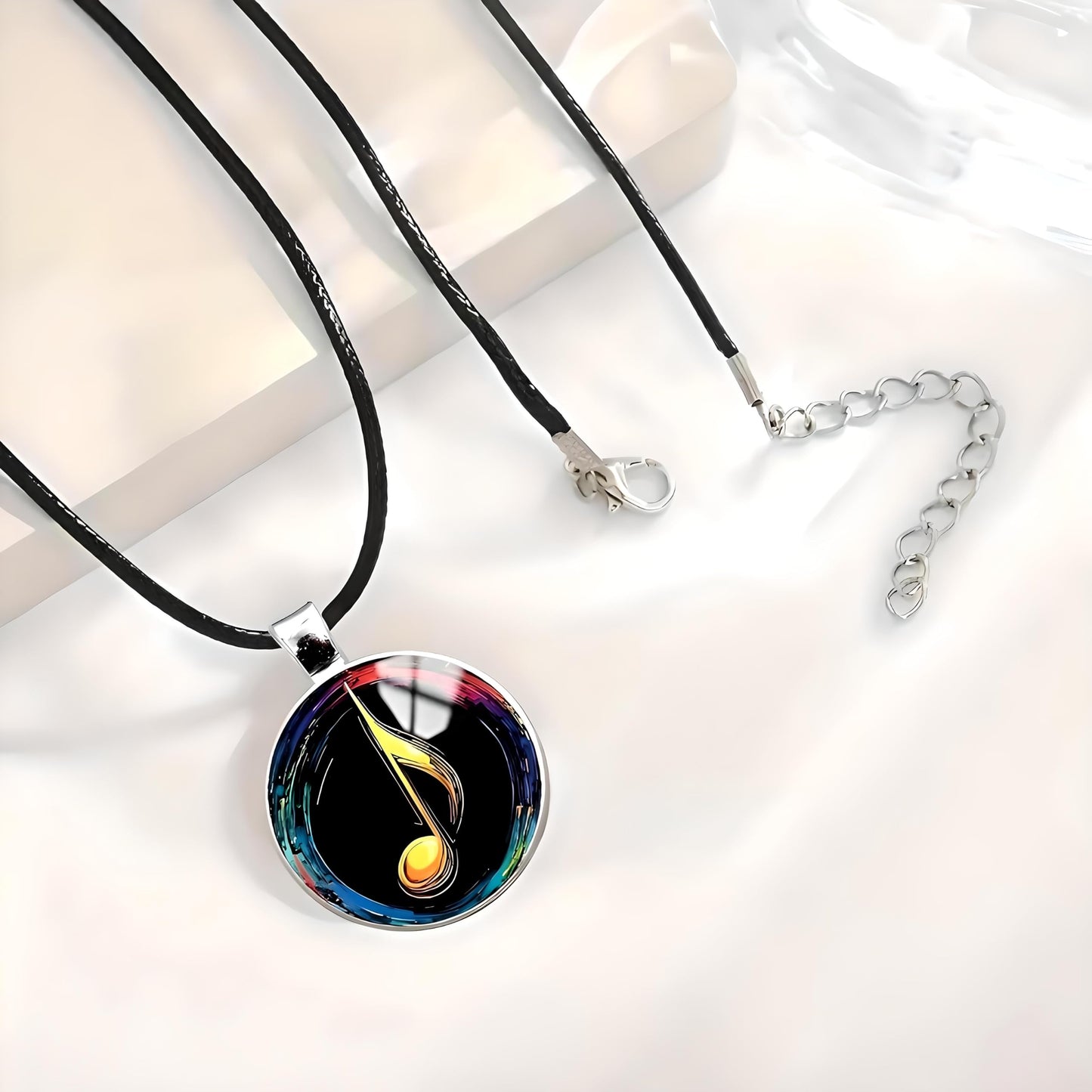 SUPAC Musical Note Pendant Necklace, Black Leather Cord, Eighth Note, Treble Clef, 17.7 Inch Chain with 2 Inch Extension