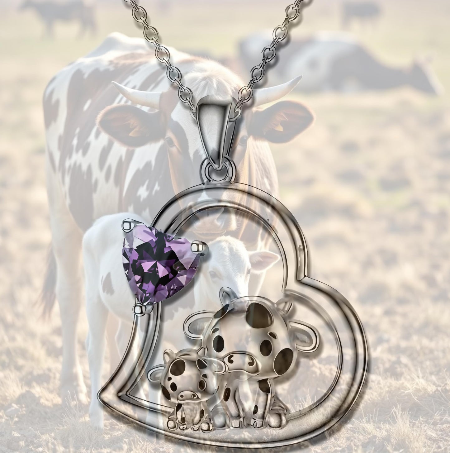 Blue Heart Shaped Mother and her Calf Cow Pendant Necklace for Women - Mother's Day Gift, Christmas, or Birthday Gift