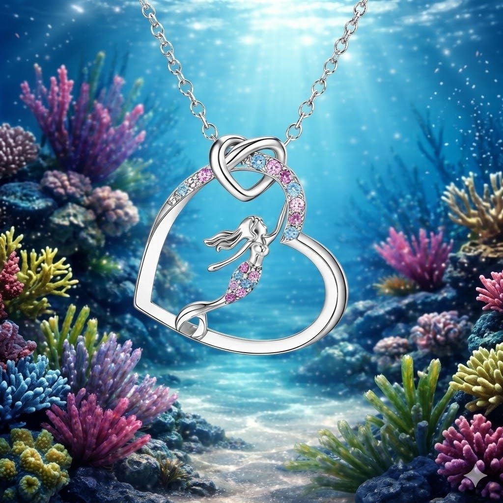 SUPAC Heart of the Sea Mermaid Pendant Necklace, Starfish and Blue Fin - with Multiple Colors
