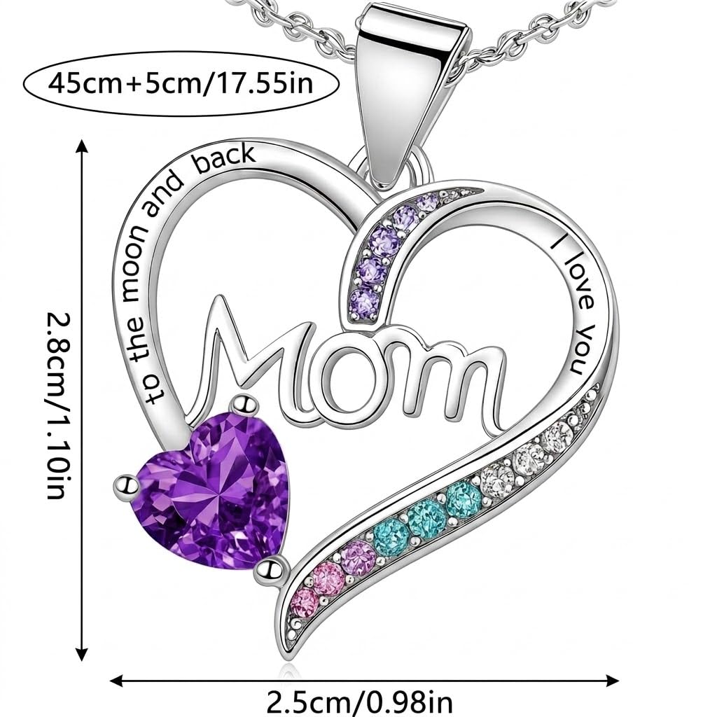 SUPAC Heart Mom Necklace, Sterling Silver Crystal Pendant with Pink Heart Stone, I Love You to the Moon and Back - Mother's Day Gift