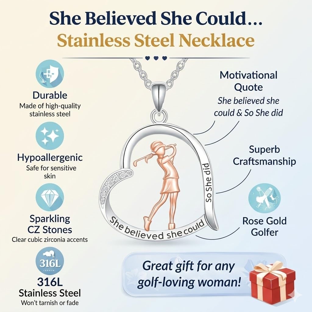 SUPAC Creative Sports Golf Girl Heart-shaped Pendant Necklace, Elegant Golf Jewelry, Birthday Party Christmas Gift: She believed she could so she did