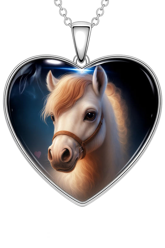SUPAC Heart-Shaped Pony Necklace, Cute Animal Glass Pendant with Stainless Steel Chain- Christmas, Holiday, or Birthday Gift