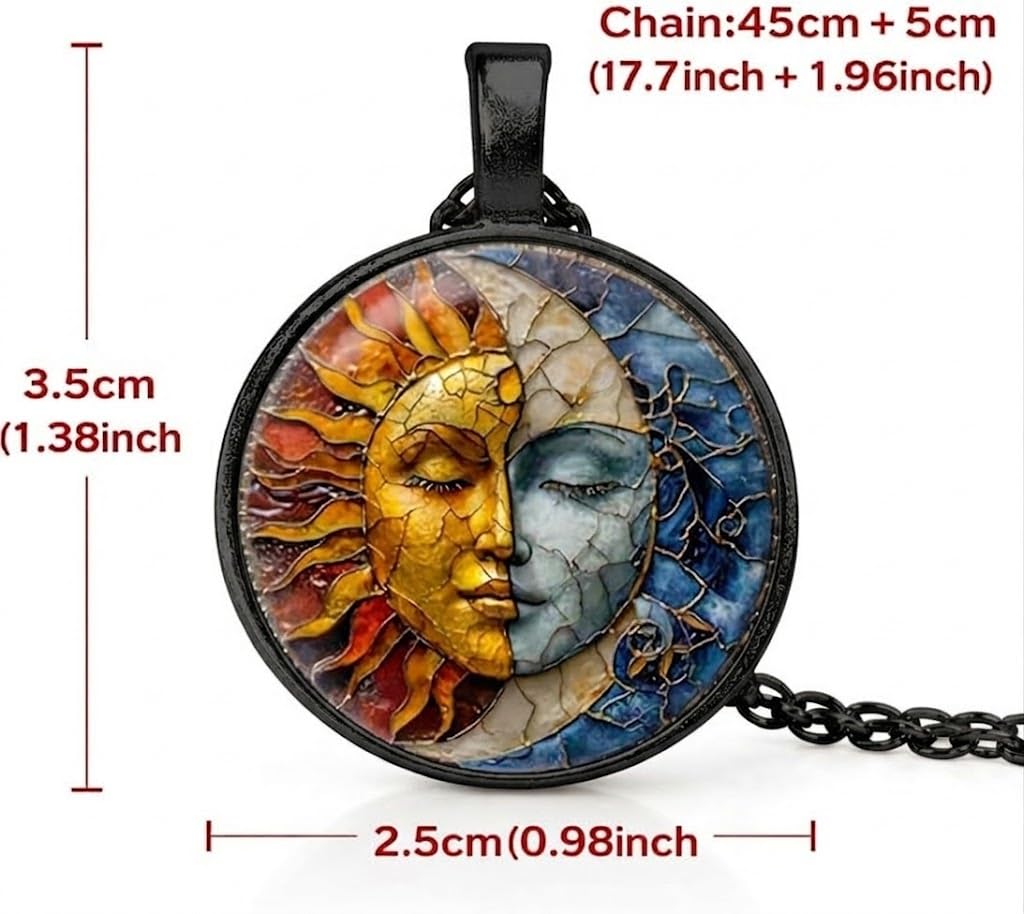 1pc Stunning Round Pendant Necklace - Unique Sun & Moon Pattern, Oil Painting Style Glass Mosaic, Alloy Construction, Trendy Sweater Chain, Fashionable Gift for Women - Christmas or Birthday Gift