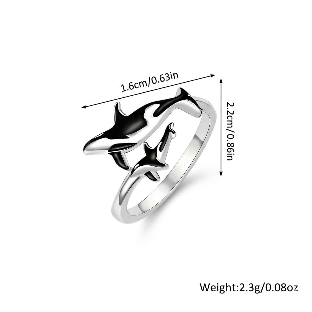 SUPAC Stainless Steel Orca Whale Ring, Adjustable Size, Black and Silver - Shamu Gift