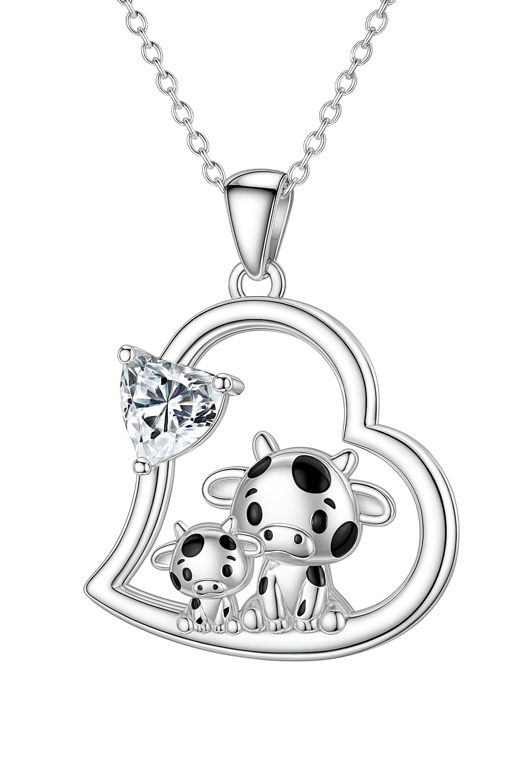 Blue Heart Shaped Mother and her Calf Cow Pendant Necklace for Women - Mother's Day Gift, Christmas, or Birthday Gift