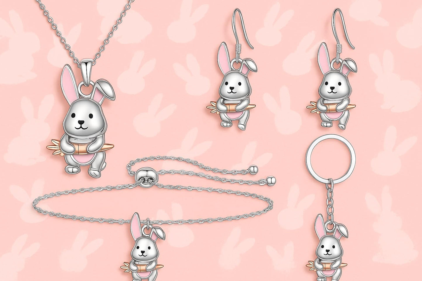 SUPAC Cute Bunny Jewelry Set with Necklace, Bracelet, Earrings and Keychain, Silver and Pink - Rabbit Jewelry Gift