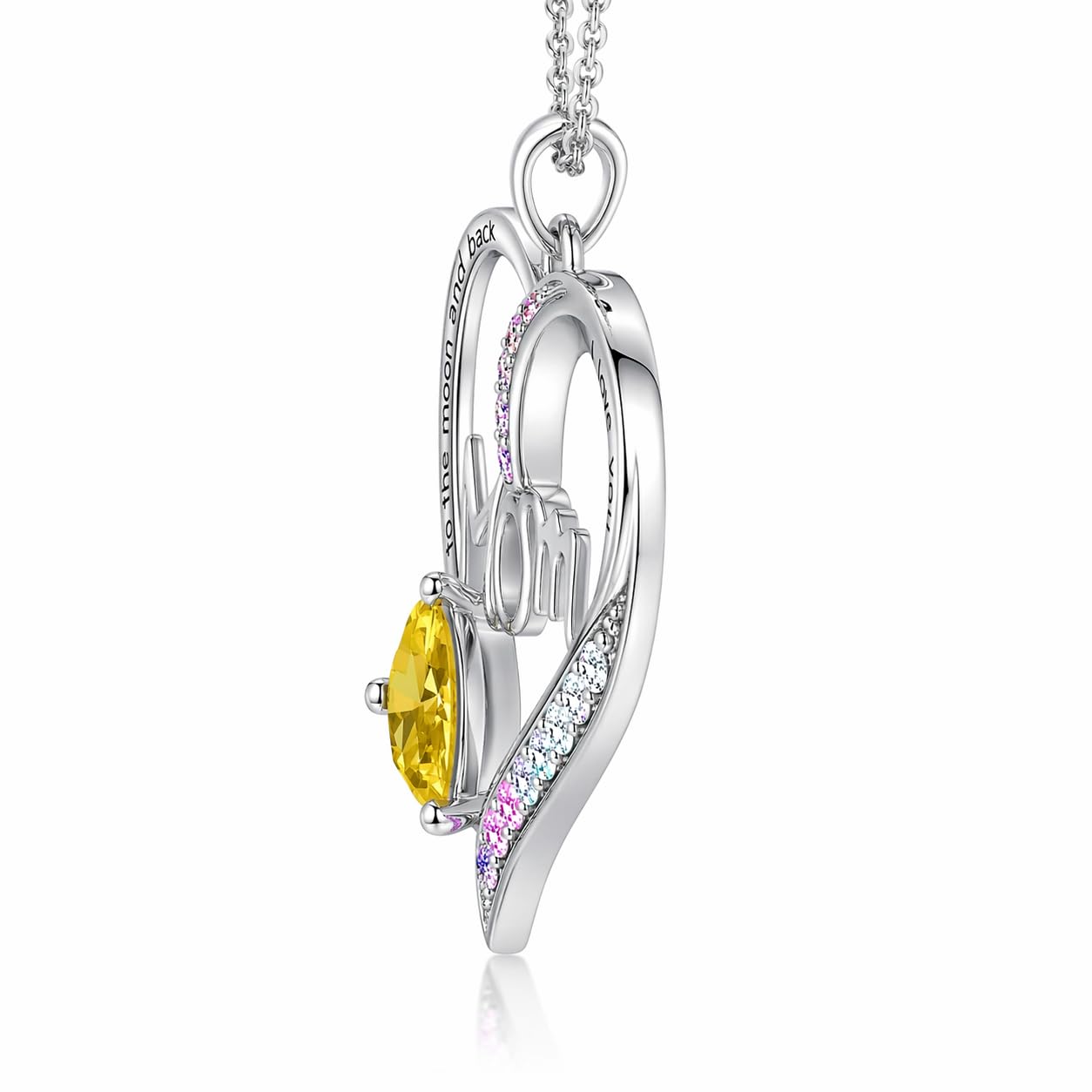 SUPAC Heart Mom Necklace, Sterling Silver Crystal Pendant with Pink Heart Stone, I Love You to the Moon and Back - Mother's Day Gift