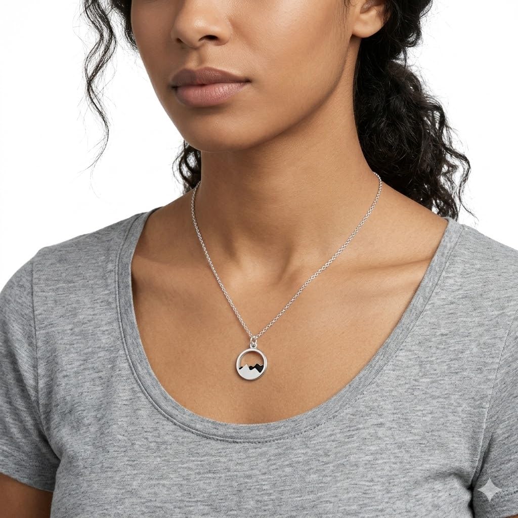 SUPAC Mountain Scene Pendant Stainless Steel Necklace, Silver Plated Chain, Nature Landscape Design, Circle Pendant (Black Mountain)