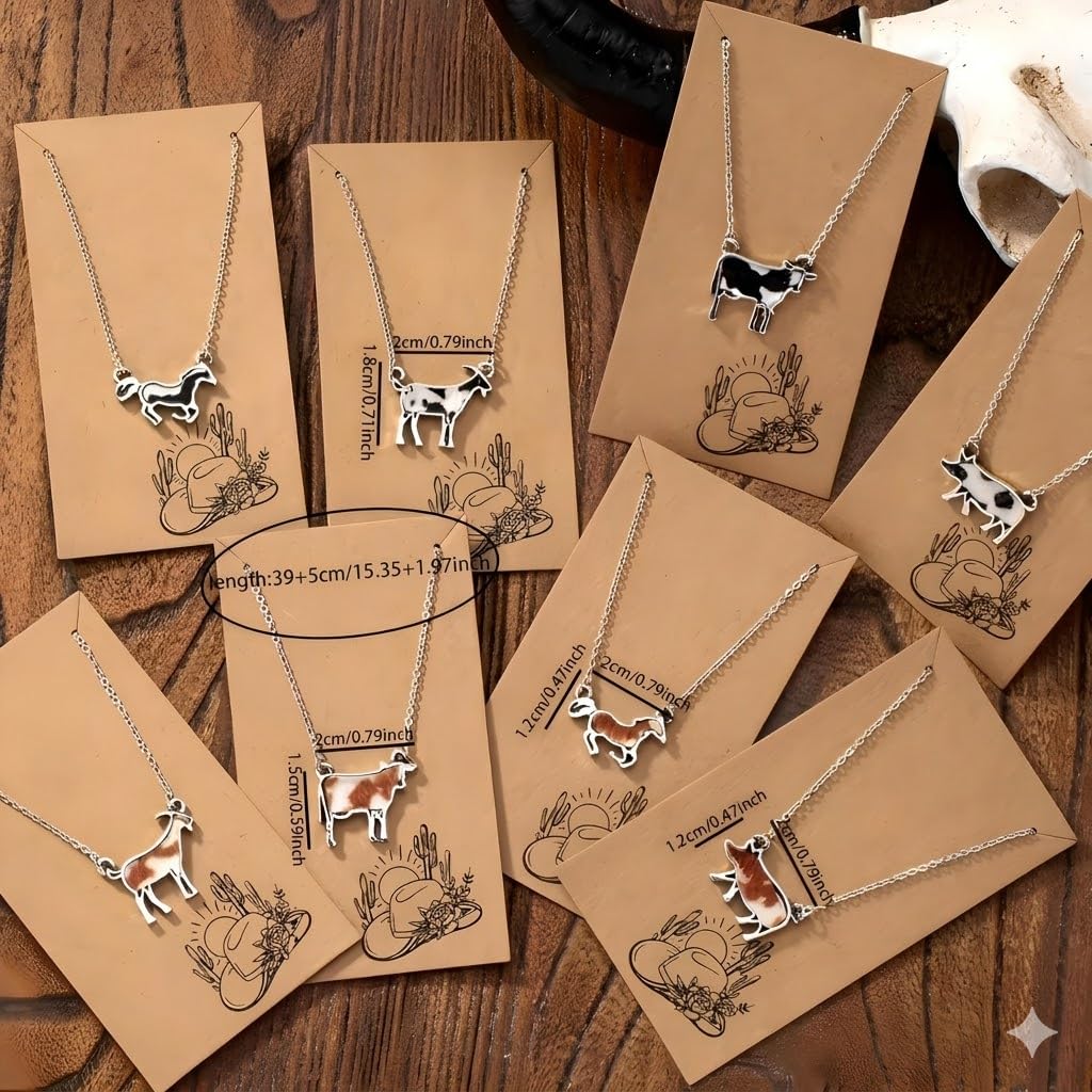 SUPAC Western Farm Animal Pendant Necklace, Cow, Horse, Goat, and Pig Hide - Silver Chain, 15.35 inch + 1.97 inch Extension