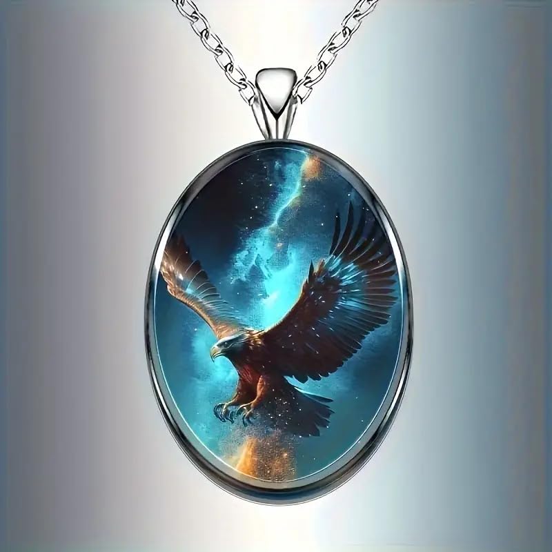 Galaxy Eagle Pendant Necklace, Oval Shaped with Night Sky/Solar System Design - Christmas, Holiday, or Birthday Gift