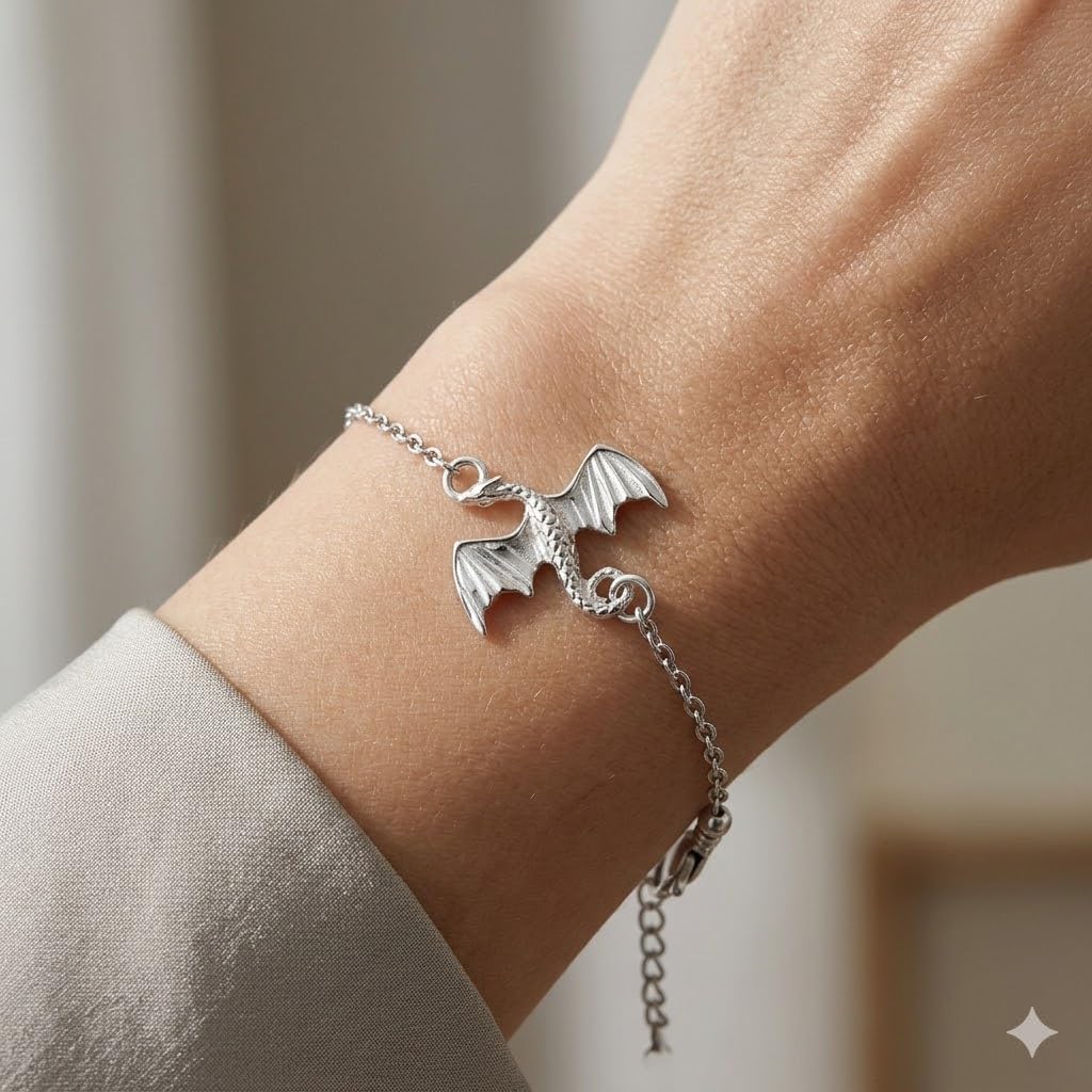 SUPAC Dragon Charm Bracelet, Silver Plated Stainless Steel, Adjustable Chain, Hypoallergenic, Waterproof, 9.84 in + 1.97 in Extender