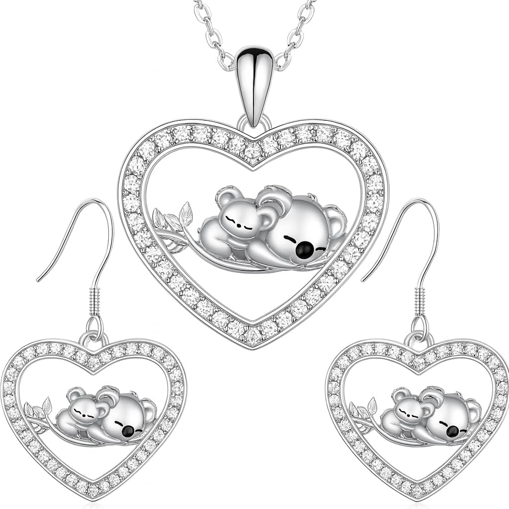 SUPAC Heart-Shaped Koala Family Jewelry Set, Crystal-Studded Necklace and Earrings, Silver, 15.74 inch Chain