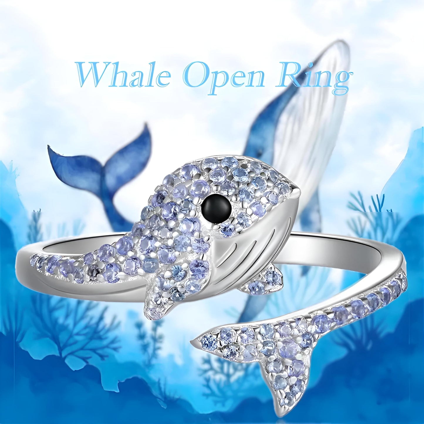 SUPAC Stainless Steel Whale Ring with Blue Crystal Stones, Open Adjustable Band, 1.5cm Size, Marine Animal Design