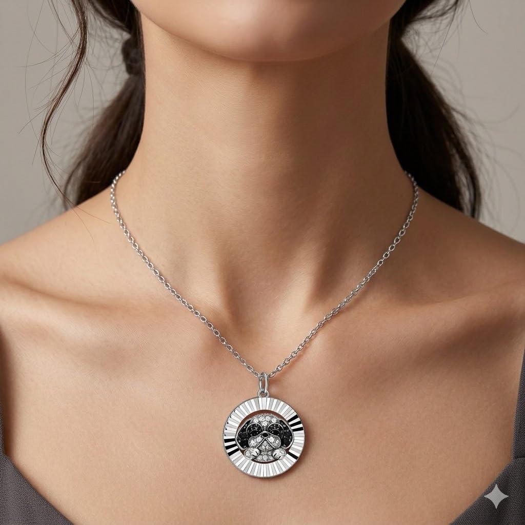 SUPAC Shih Tzu Pendant Necklace, Stainless Steel with Silver Plating, Round Coin Charm, Crystal Accents, Dog Lover Gift