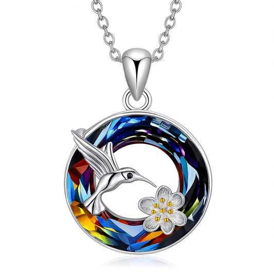 Stainless Steel Animal Pendant Necklace Set, Elephant with Sunflower, Hummingbird, Cat Design, Multi-Color Crystal (Hummingbird)