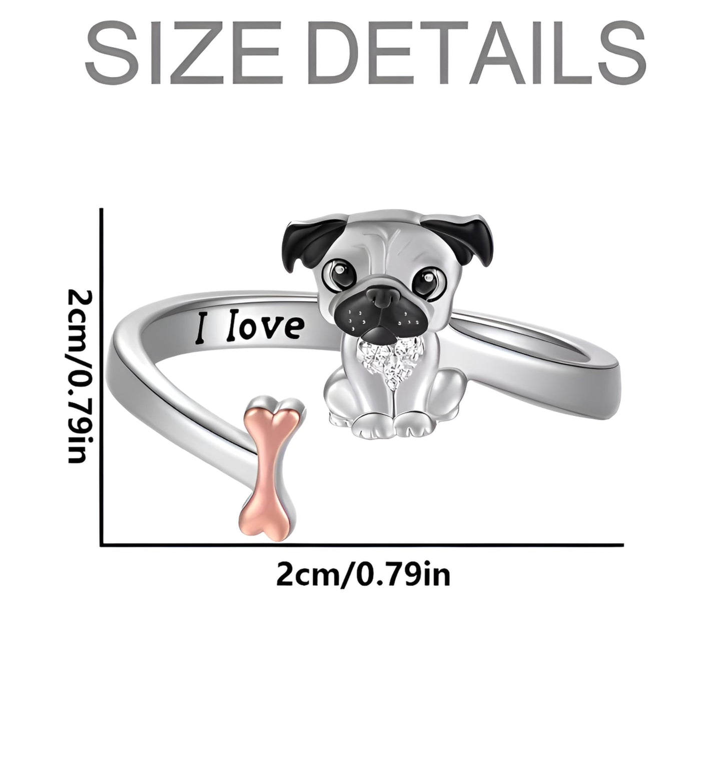 SUPAC German Shepherd, Yorkie, Pug Dog Paw Adjustable Ring, Sterling Silver, Paw Print Design with Crystal Accents - Christmas, Birthday, or Party Ring