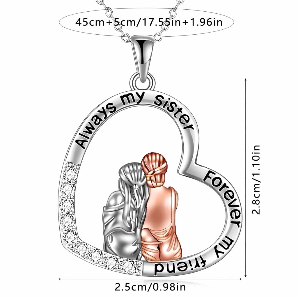 3PCS Sister Love Heart Pendant Necklace Set, Fashion Alloy, One necklace with Two Earings- White Gold Plated Jewelry for Women – "Always my sister, Forever my friend" -Ideal Birthday, Christmas, Party Gift