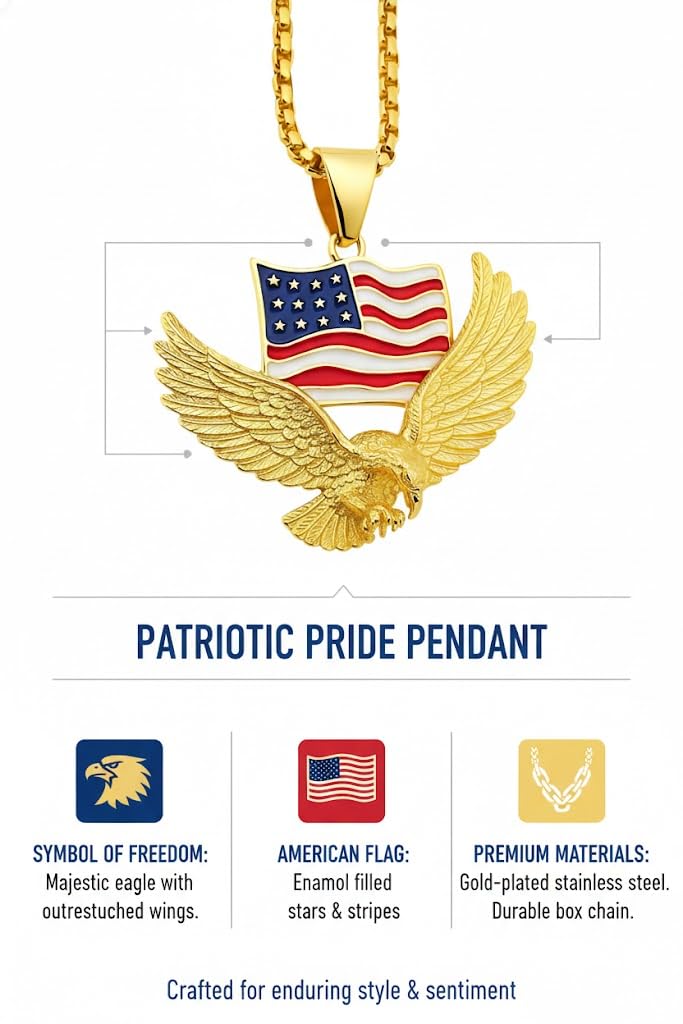 SUPAC Mens Majestic Silver Eagle with American Flag Pendant Necklace - A Bold Hip Hop Jewelry Statement, Symbol of Freedom and Unmatched Style