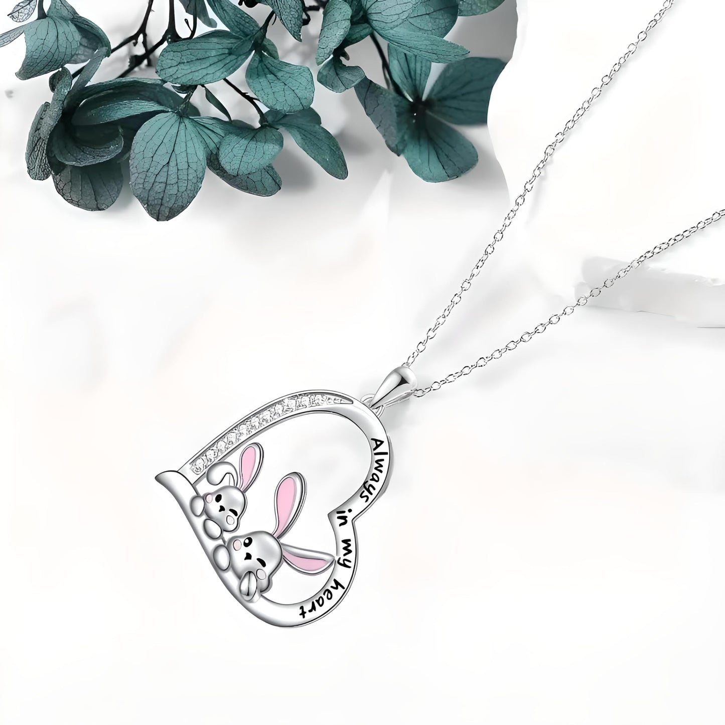 SUPAC Pair of Bunnies & Heart Pendant Necklace Always in My Heart - White Golden Plated Alloy with Resin Accents, Birthday or Friendship Gift, 3+ Options