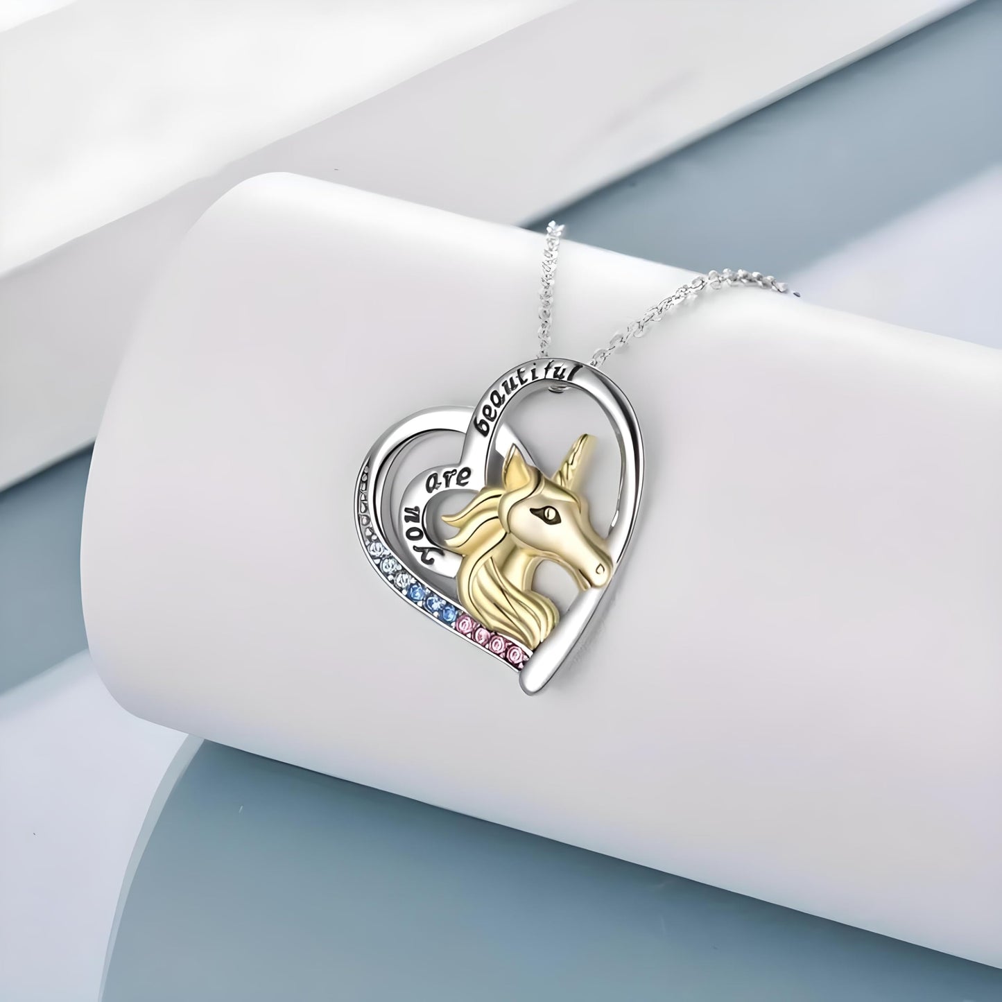 SUPAC Gold Unicorn Festive Heart-Shaped Necklace- 'you are beautiful' Charming Gift for Unicorn Lovers