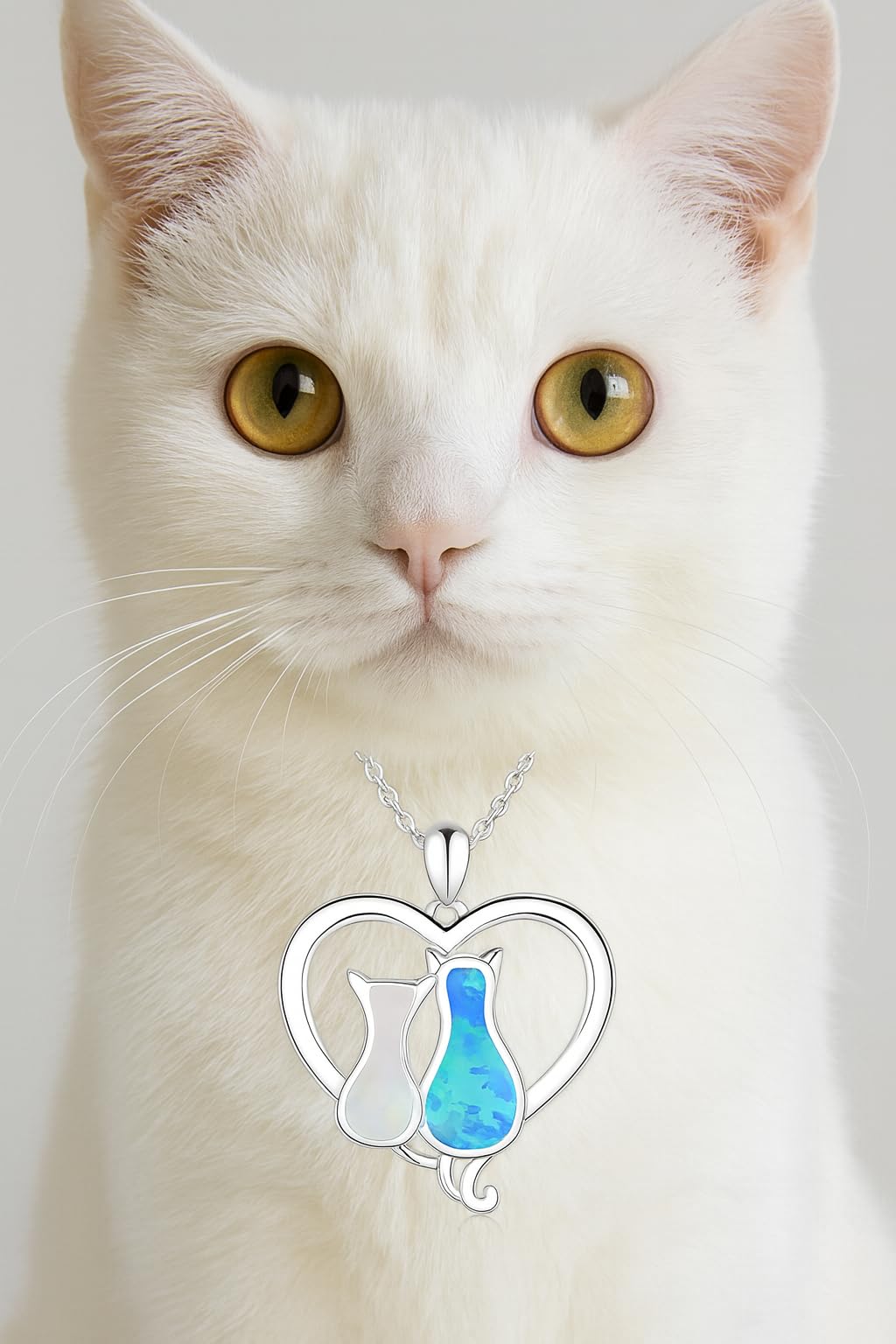 Cute Silver and Blue Turquoise Cat Heart Necklace - Stainless Steel Cat Design, Multi-Color Crystal (2 Cats)