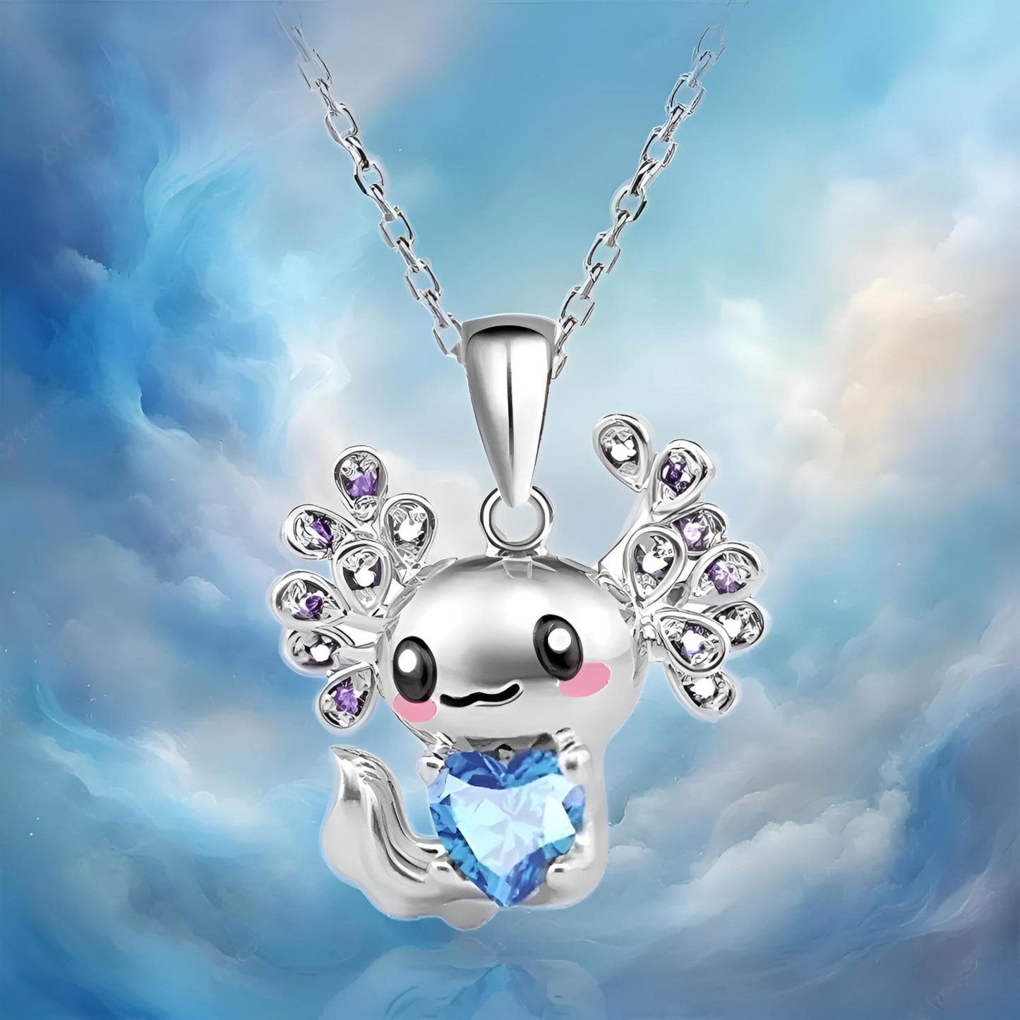SUPAC Cute Axolotl Pendant Necklace, 19.7 inch Chain, Crystal Heart Design, 3 Colors - Axolotl Gift