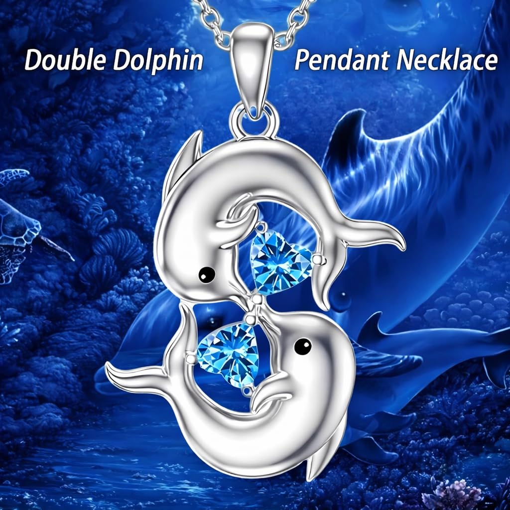 Stainless Steel Double Dolphin Pendant Necklace with Blue Crystal Hearts, Ocean Theme Jewelry