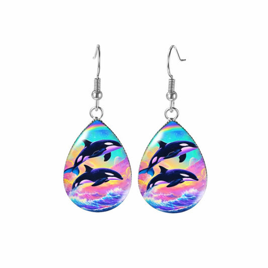 Rainbow Orca Teardrop Dangle Earrings, Colorful Killer Whale Design, Glass Covered, Hypoallergenic Stainless Steel Hooks, 1.77 Inch