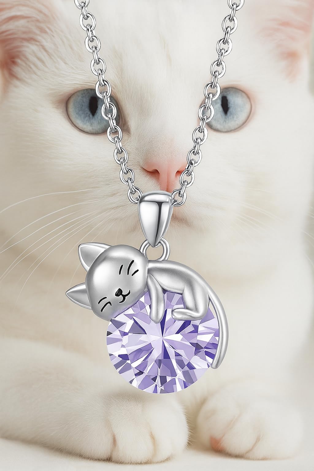 Crystal Cat Pendant Necklace, Silver Chain with Sleeping Cat Design, 17.7 inch Length