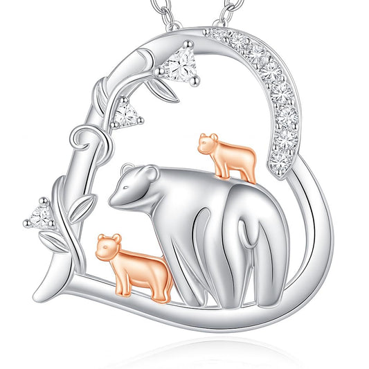 Heart-Shaped Mama Bear with Her Two Cubs Pendant Necklace for Women, Silver Plated, Synthetic Gemstones