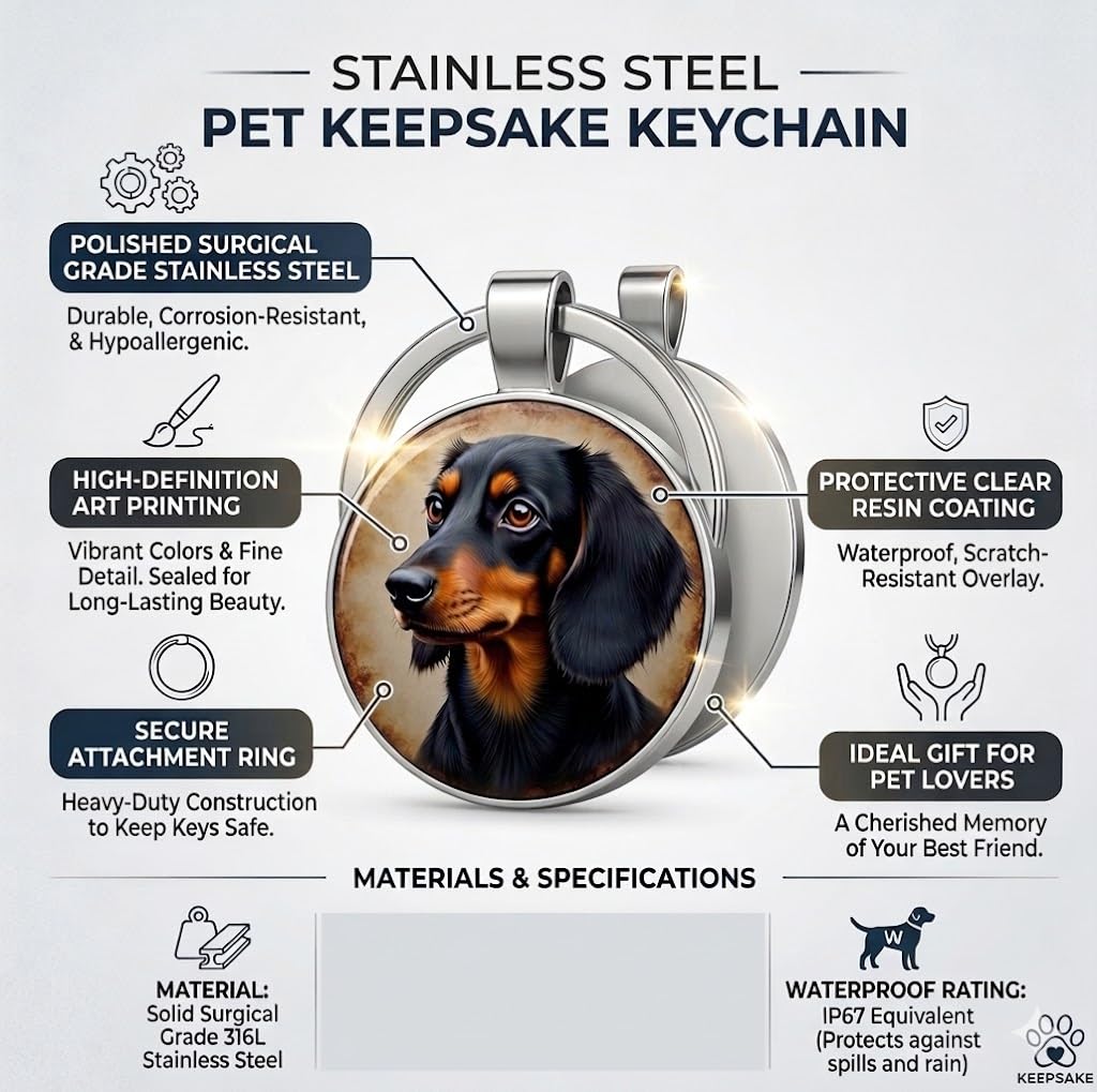 SUPAC Dog Lovers' Keychain, Different Puppy Breeds Portrait Round Glass Keychain, Silver Metal Frame, 1.06 Inch Diameter