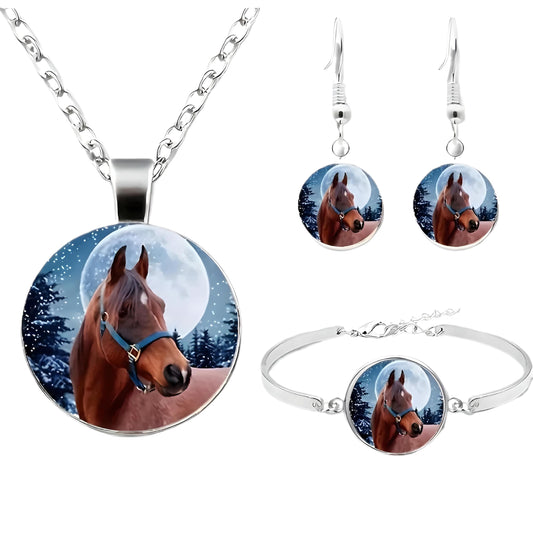 Horse Jewelry Set with Necklace, Bracelet and Earrings, Winter Moon Design, 4 Pieces, Silver